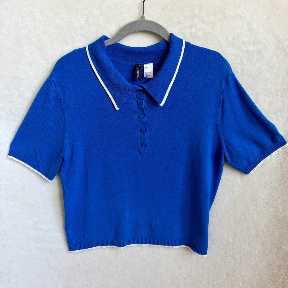 Divided H&M Womens Blue Ribbed Knit Cropped Polo Top White Trim Size Medium